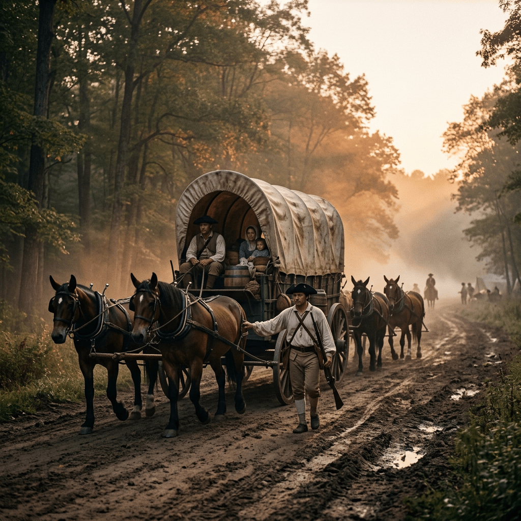 Conestoga wagon at dawn Revolutionary War road