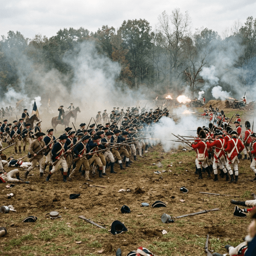 Revolutionary War reenactors firing muskets across a smoke-filled battlefield