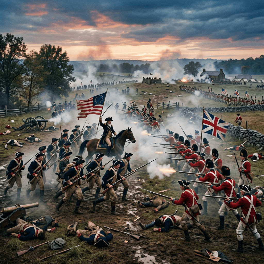 American and British soldiers fighting across a smoke-filled Revolutionary War battlefield