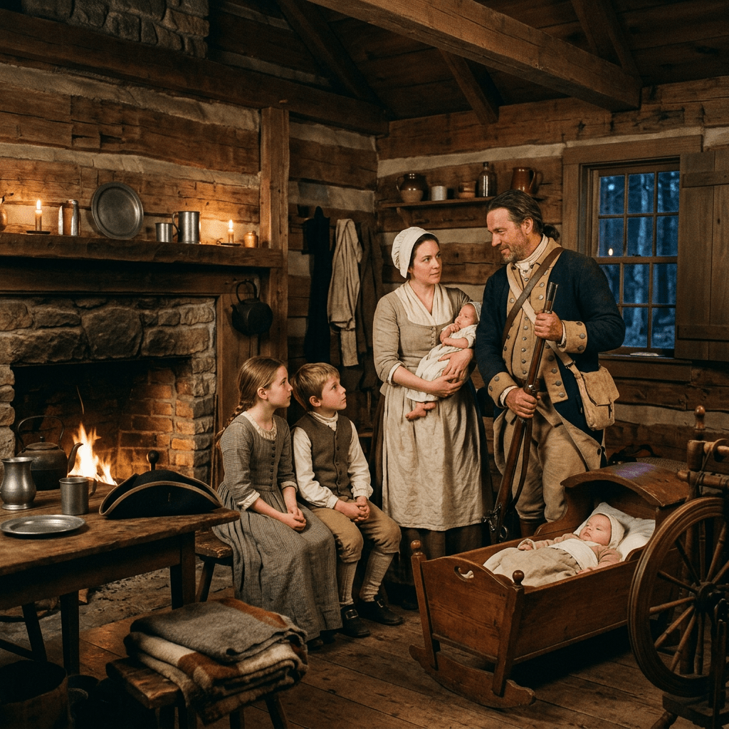 Colonial family gathered in a rustic cabin with a fireplace and infant cradle